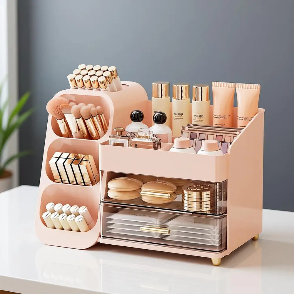 

Настольный органайзер для макияжа с ящиками и держателем для кистей, просторная витрина для ухода за кожей, духов, теней для век, лака для ногтей
