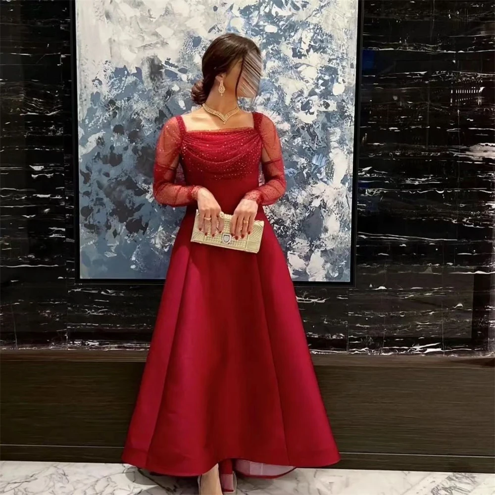 

Noble Popular A-Line Square Neckline Red Prom Dress Ankle Length With Long Sleeves Evening Summer Elegant Party Dress For Women