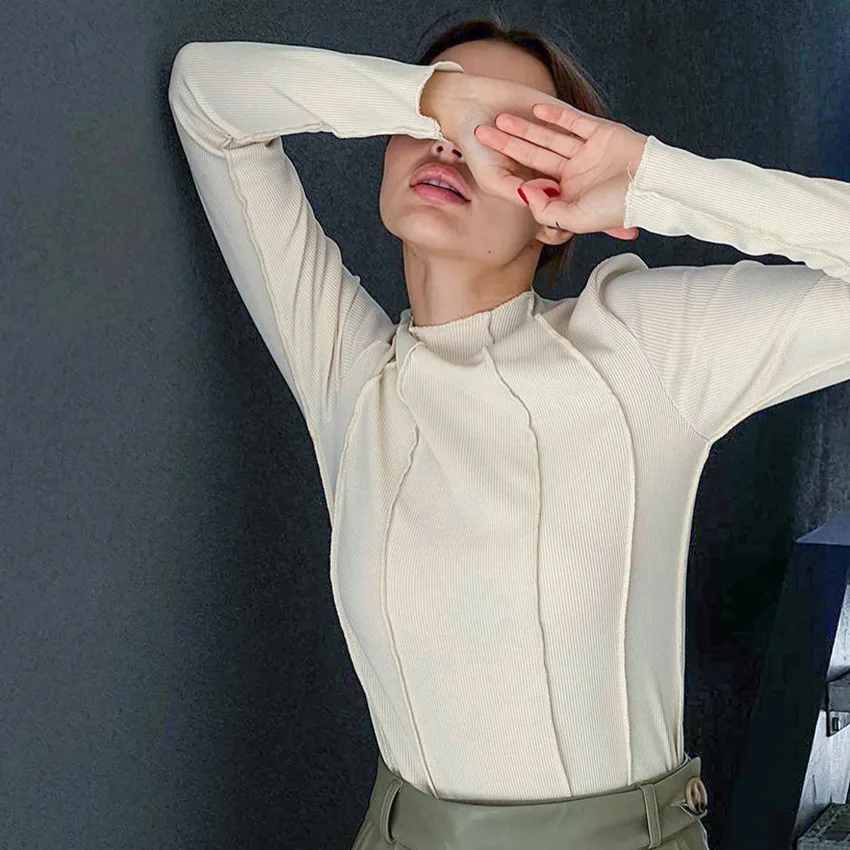 Soolasea Long Sleeve T-shirts Women Spring Solid O-Neck Elegant Bright Line Decoration Tees Slim Casual Soft High Quality Tops