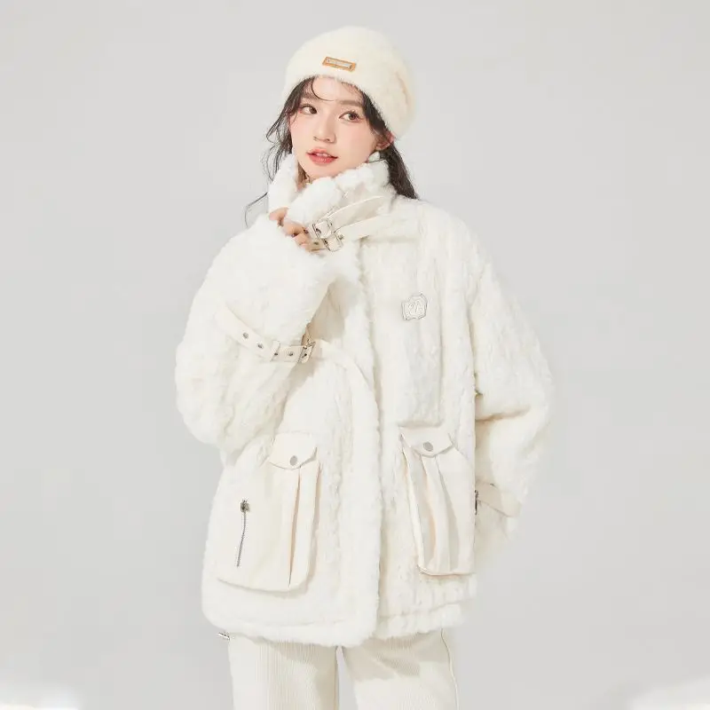 Lamm wolle Winter Plüsch Oberbekleidung verdicken warme Mode Daunen jacke einfarbig Mantel Reiß verschluss Mori Mädchen Mode Streetwear