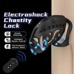 LOCKINK Remote Control Electric Shock Male Cock Cage Chastity E-stim Intensities Chastity Cage with 3 Active Rings Adult Sex Toy