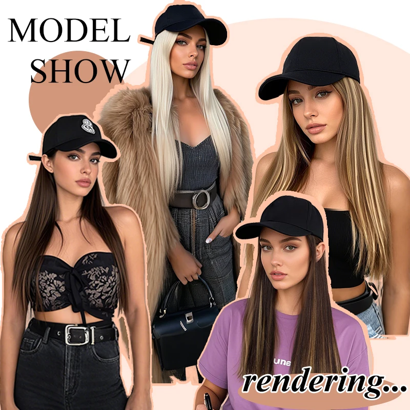 Pelo sintético con gorra de béisbol cabello largo lacio negro extensión elegante y conveniente todo en uno para mujeres 6