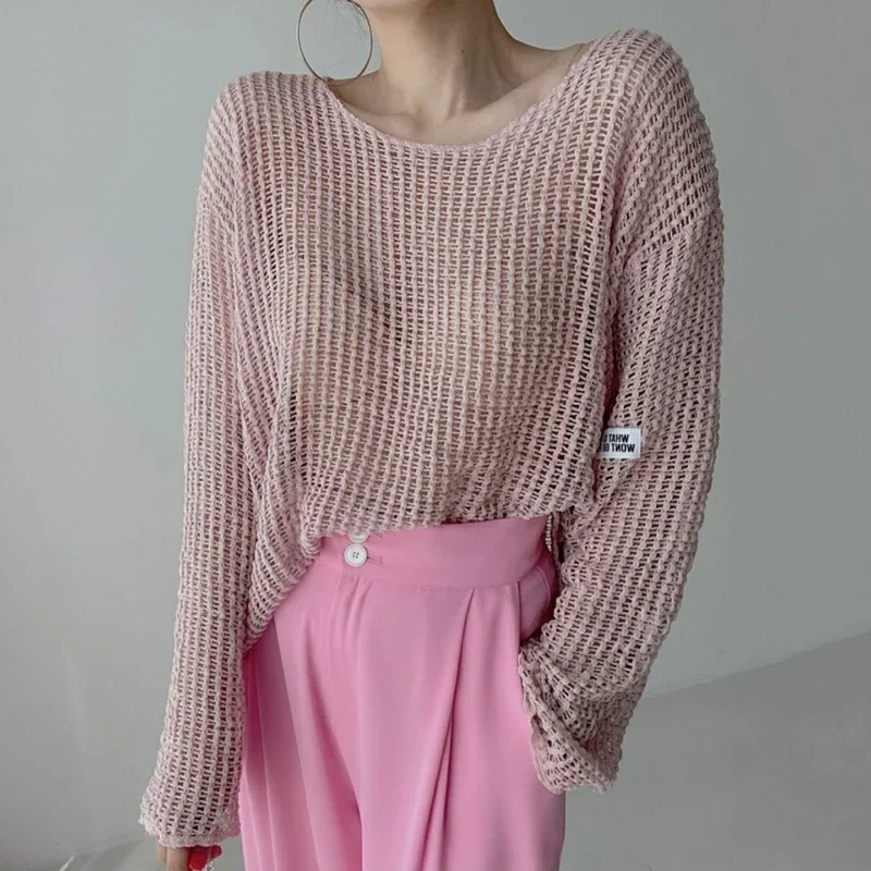 EVNISI Summer Women O-Neck Loose Casual Shirt Hollow Out Beach Tops Knit Long Sleeve Tees Women See-through Crop Tops 2024