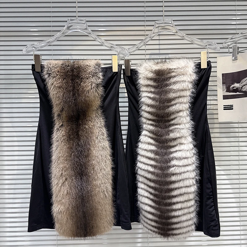 

Сексуальное облегающее платье без бретелек из искусственного меха в стиле пэчворк, новинка зимы 2021, короткая юбка с затягивающей талией
