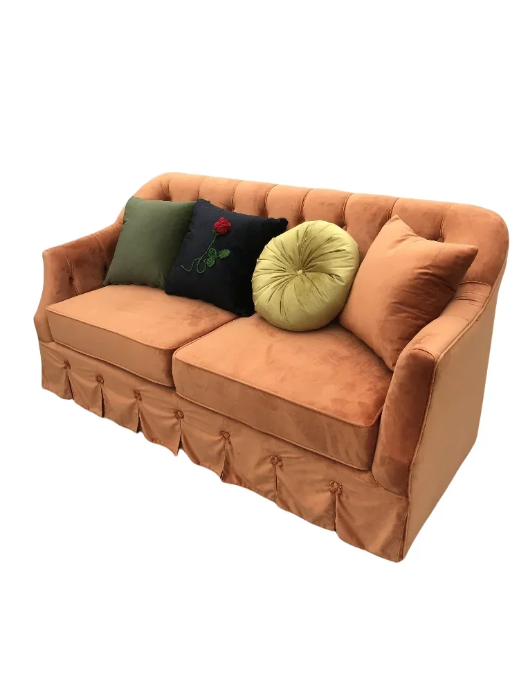 

French retro double sofa caramel imported velvet three-person sofa small living room