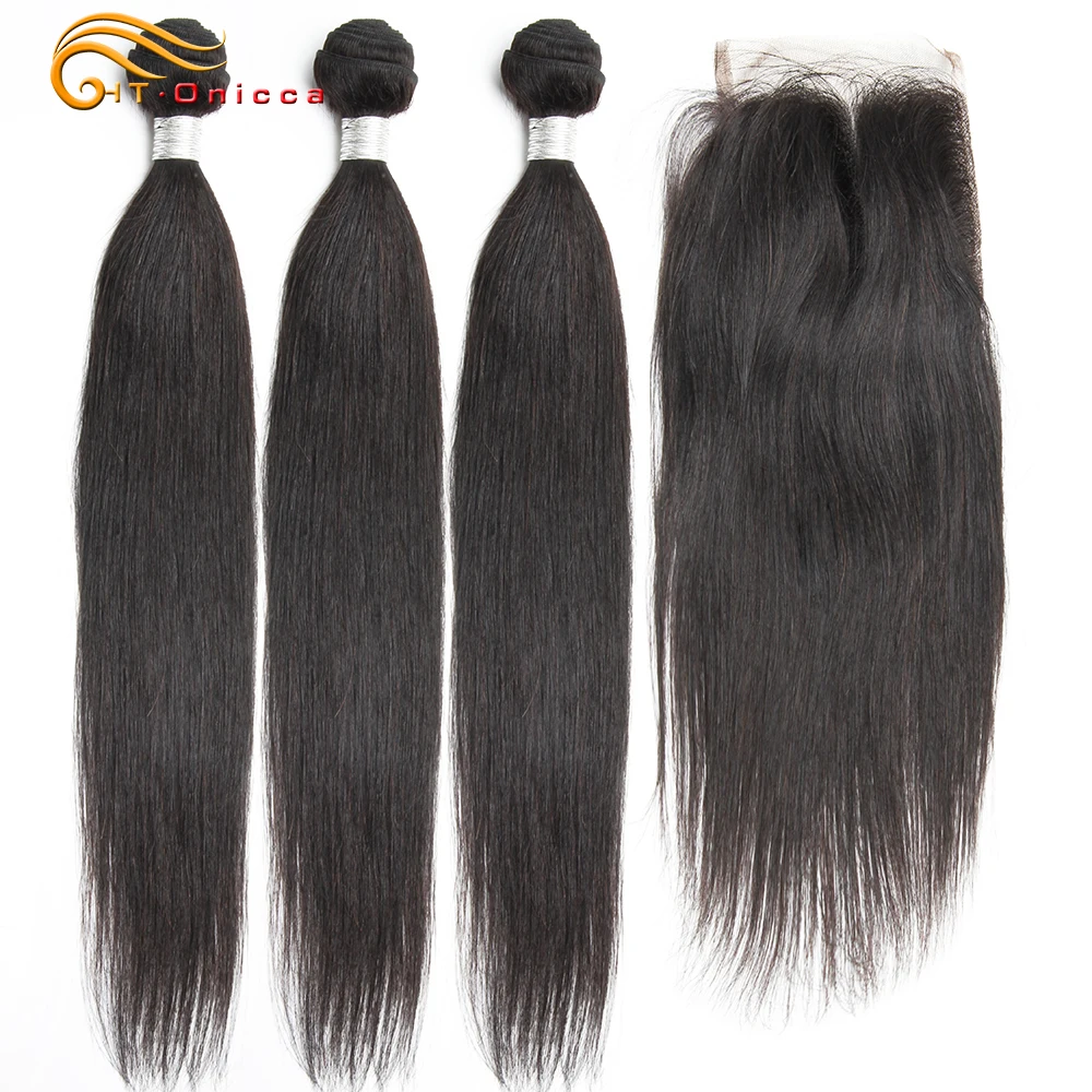 Brazilian Hair Straight Bundles With Closure 70g/pc Human Hair Bundles With Closure 4x4 Lace Closure Human Hair Extensions