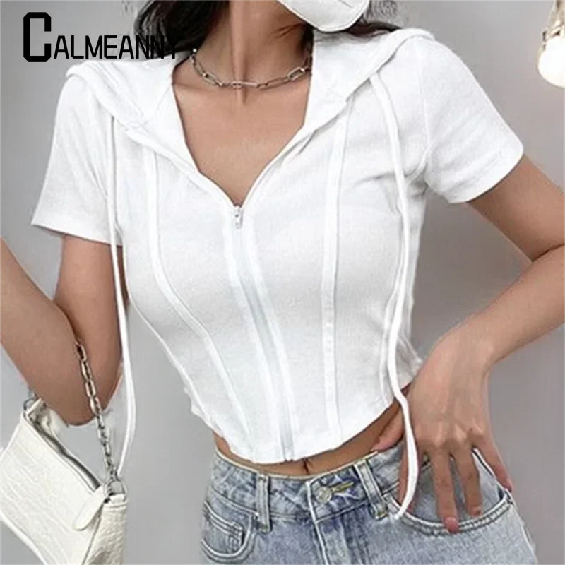 

European And American Women Hooded Zipper Cardigan 2025 Spring New Retro Sexy Slim Sport Coat Short Crop Short Sleeve Short Top