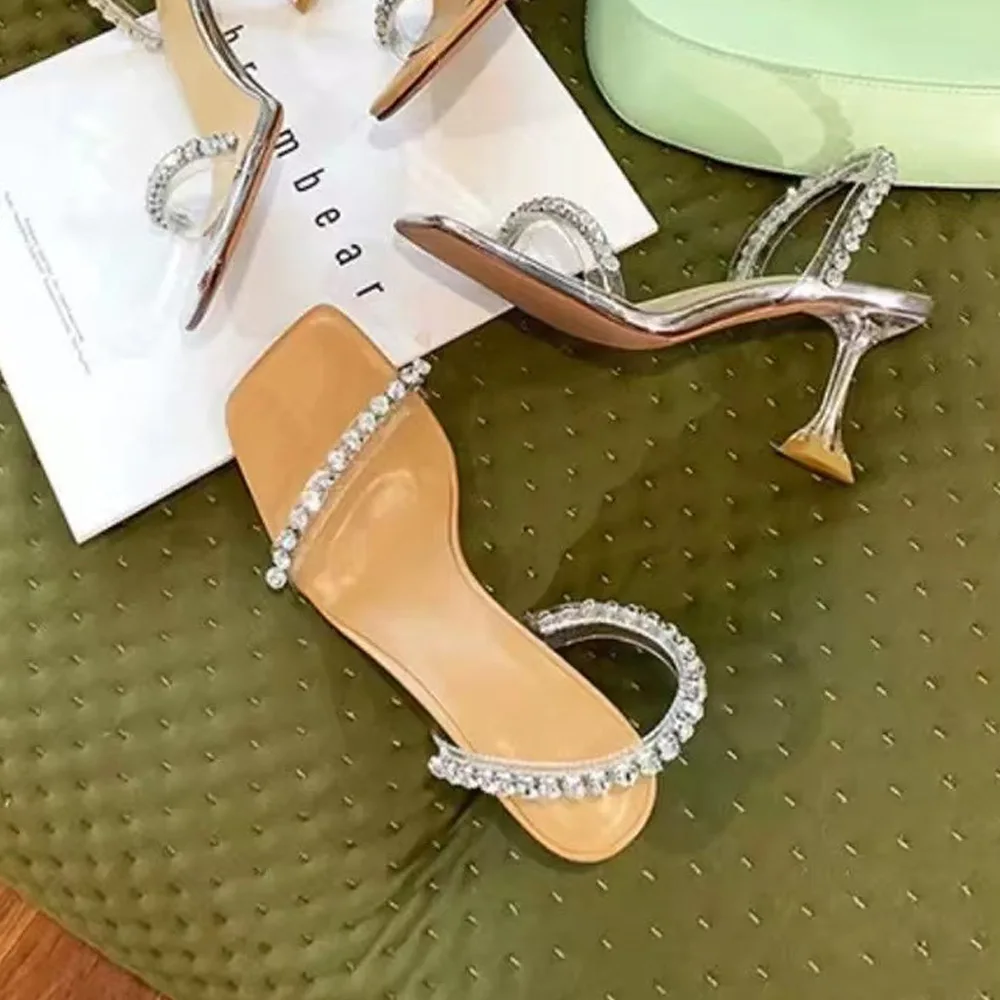 

Summer Women's Square Toe Open Toe One Word Rhinestone Transparent Slippers Sexy Fashion High Heel Sandals Party Evening Shoes
