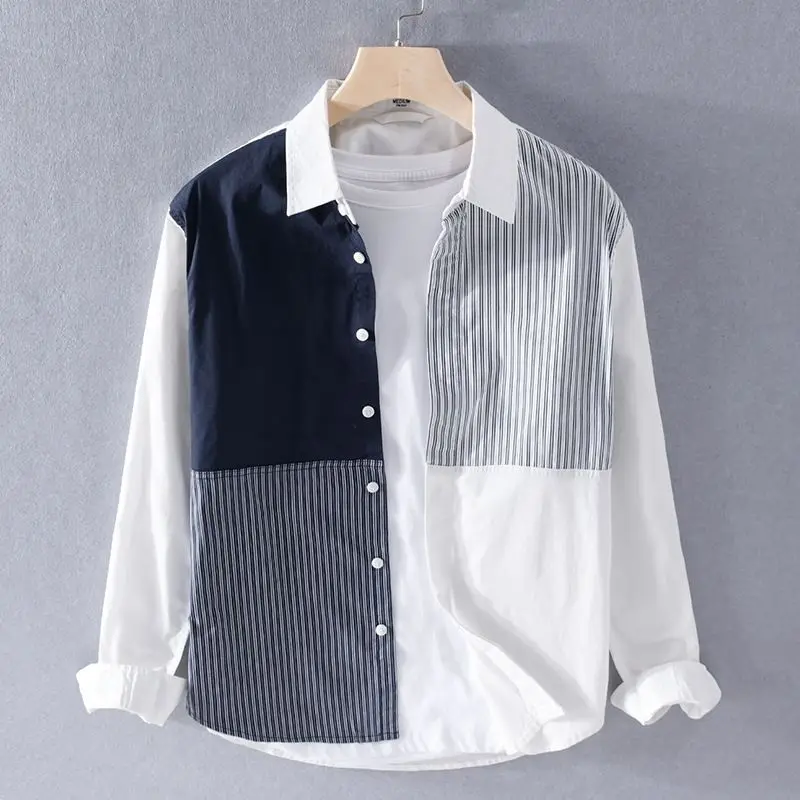 Spring Autumn New Fashion POLO Collar Long Sleeve Patchwork Men\'s Clothing Blouse Color Blocking Striped Korean Single Shirts