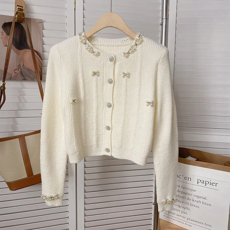 

Vintage Knitted Cardigans Women Spring Autumn New Beading O-neck Single Breasted Warm Sweater Coats Gentle Elegant Female Tops