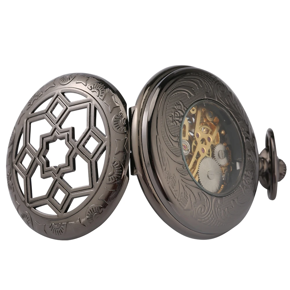 Ретро черные механические карманные часы с ручным заводом, синие римские цифры, циферблат, полый ромб, брелок-цепочка, кулон, карманные часы, подарок для мужчин