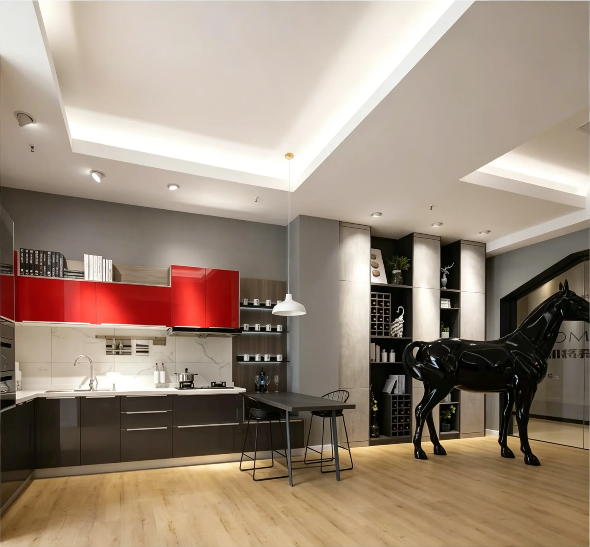 #Modern Two-Tone Gloss Lacquer Kitchen Cabinet Set, Red & Grey Combination