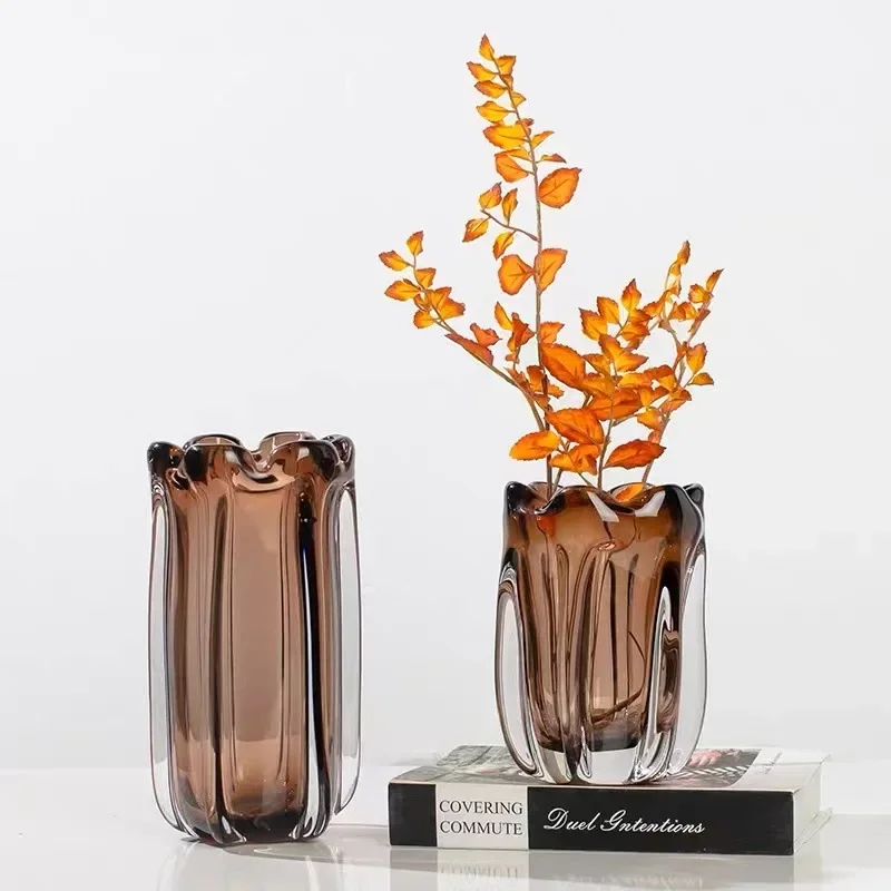Modern Luxury Petal Amber Vase Decoration Nordic High-end Minimalist Living Room Dining Table Soft Decoration Floral Ware