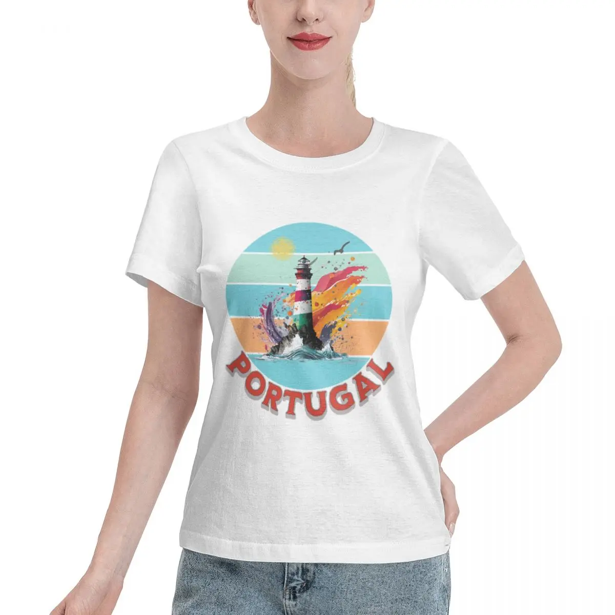 All Season Wear Portugal Light House Retro Sunset Design- S And Stickers Women's T-shirt Shopping Loungewear Top
