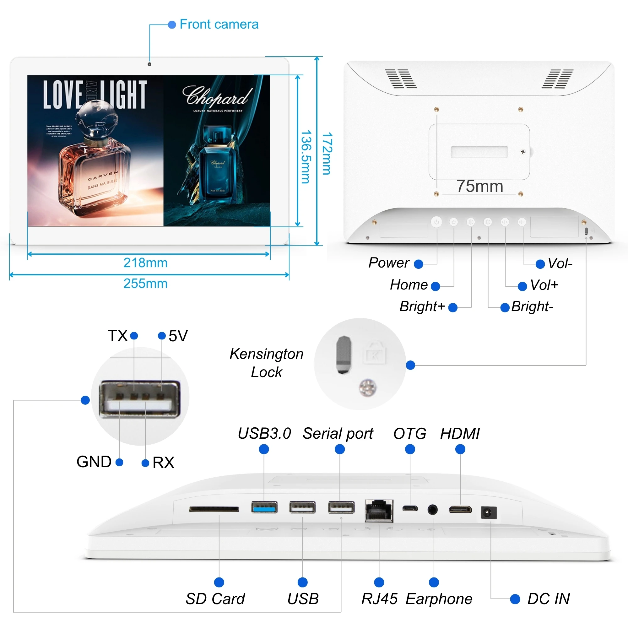 WF1028T جدار جبل لافتات رقمية 10.1 بوصة تعمل باللمس أندرويد 11 2 + 16GB POE بطارية اختياري اللوحي لعرض الإعلانات