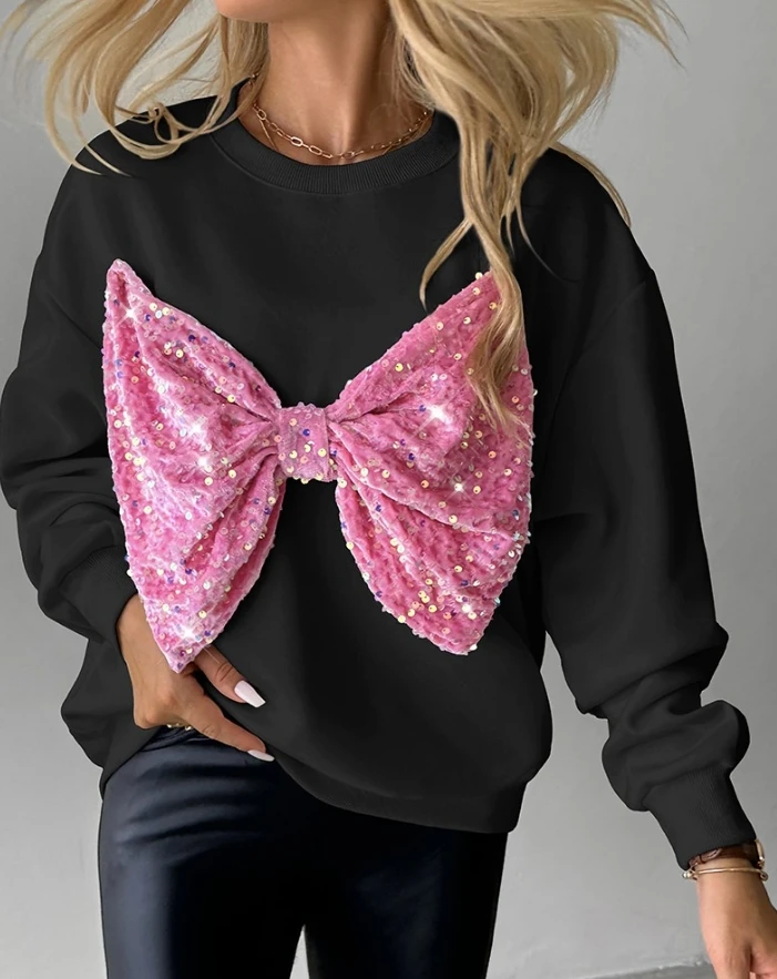 

Women's Casual Round Neck Long Sleeve Contrast Sequin Bowknot Decor Sweatshirt Autumn New Female Fashion Daily Loose Pullover