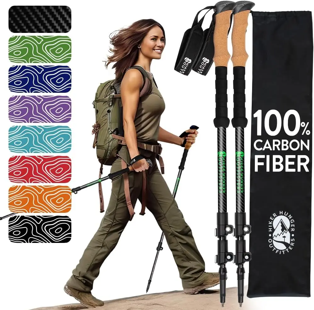 Ultra Light Carbon Fiber Trekking Poles - Cork & EVA Grips, Quick Flip Locks, 24-55" Adjustable