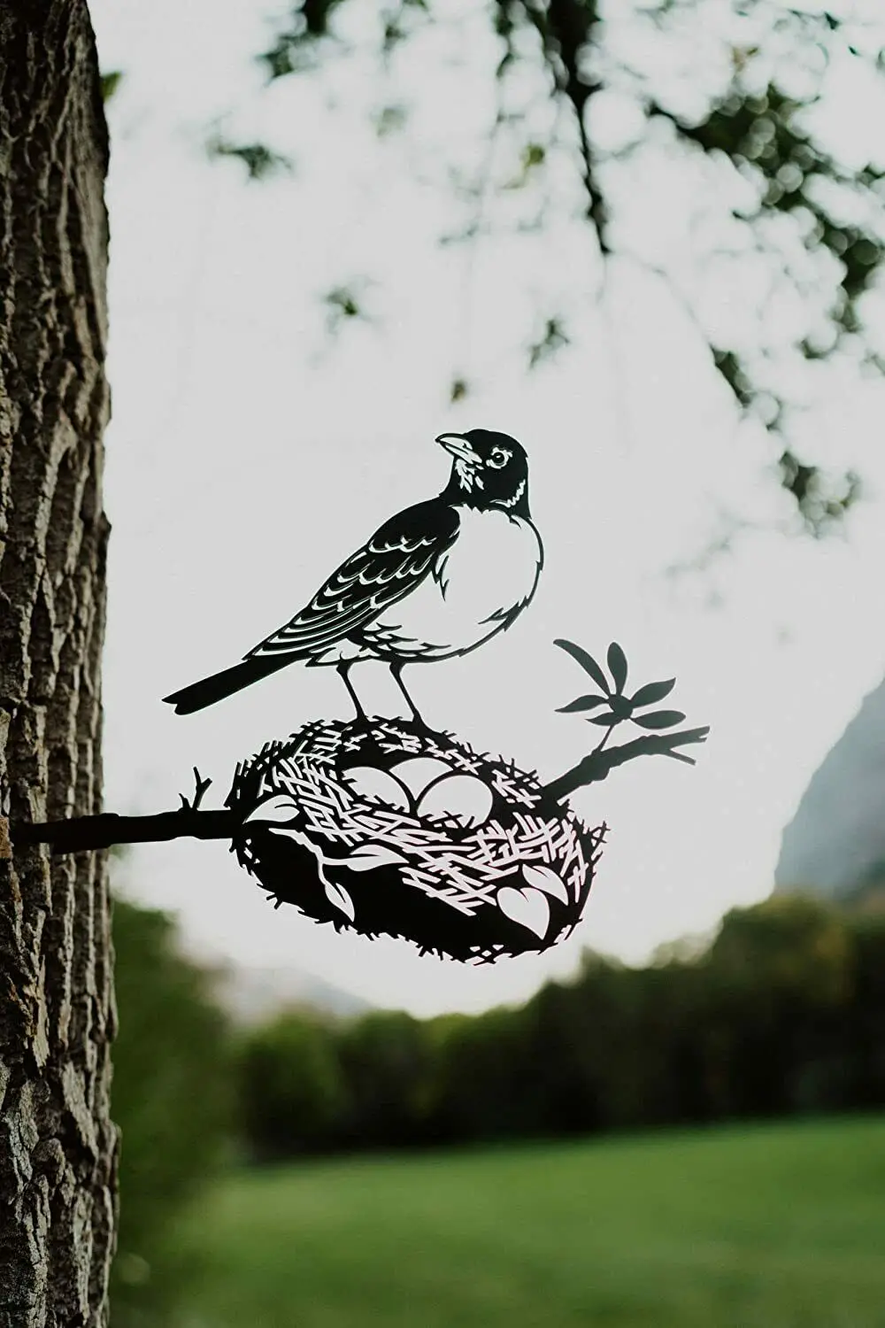 Robin With Nest Decoration Garden  Backyard Tree Art  Silhouette Art Retro Metal Plate Family Door Yard Decoration