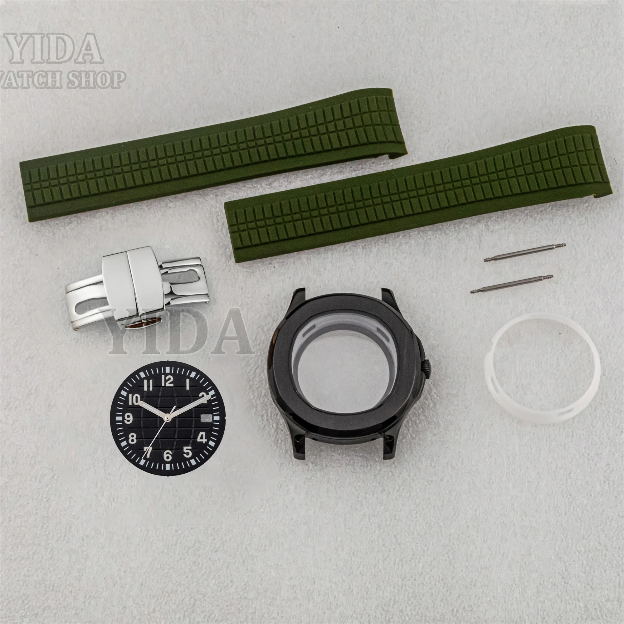 

NH35 PVD Black Watch Case Rubber Band Green Luminous Pointers 32MM Dial Sapphire Glass For AQUANAUT Nautilus NH36 Movement Parts