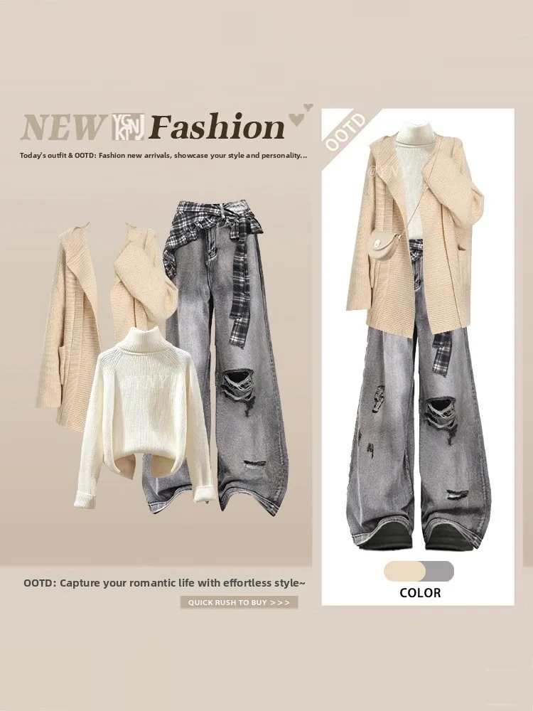 

Вязаный кардиган American Lazy Sle, женские джинсы в стиле ретро High Street Sle, зимний тренд, крутой комплект из двух предметов, длинный све r...