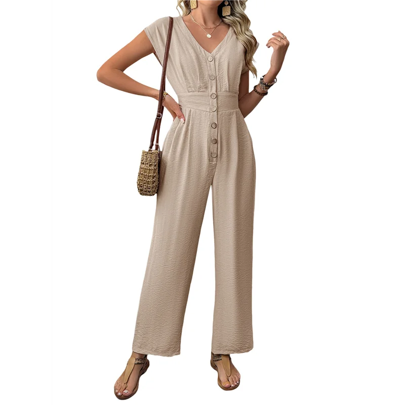 ASDS-レディースジャンプスーツ半袖Vネックファッションカジュアルワイドレッグパンツボディスーツ2025夏服