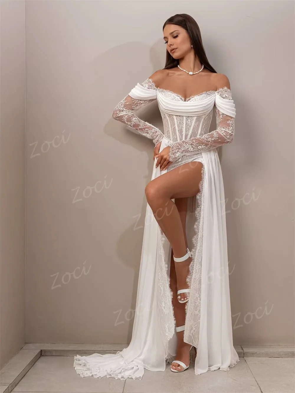 조시 빈티지 레이스 비치 웨딩드레스 롱 A라인 하이 슬릿 신부 드레스 베스티도스 데 노비아 보다 코르셋 브라이덜 가운 맞춤 제작