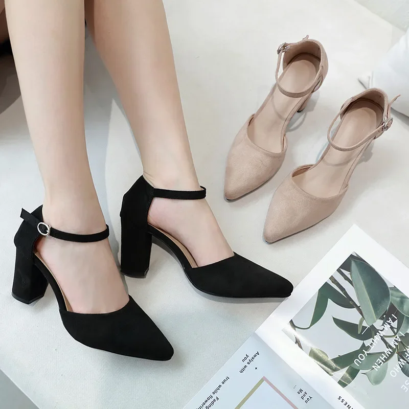 

Summer Women's Sandals Fashion Ladies High Heels Pointed Buckle High Heel Thick Heel Closed Toe Sandals Women's Small Size Shoes