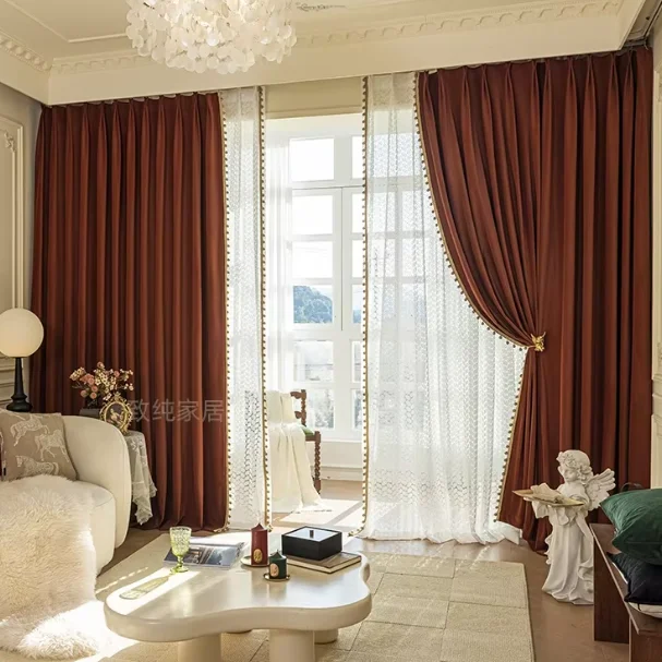 American Light French Retro Red-brown Curtains with Golden Lace Living Room Master Bedroom Decoration Room Blackout Velvet Door