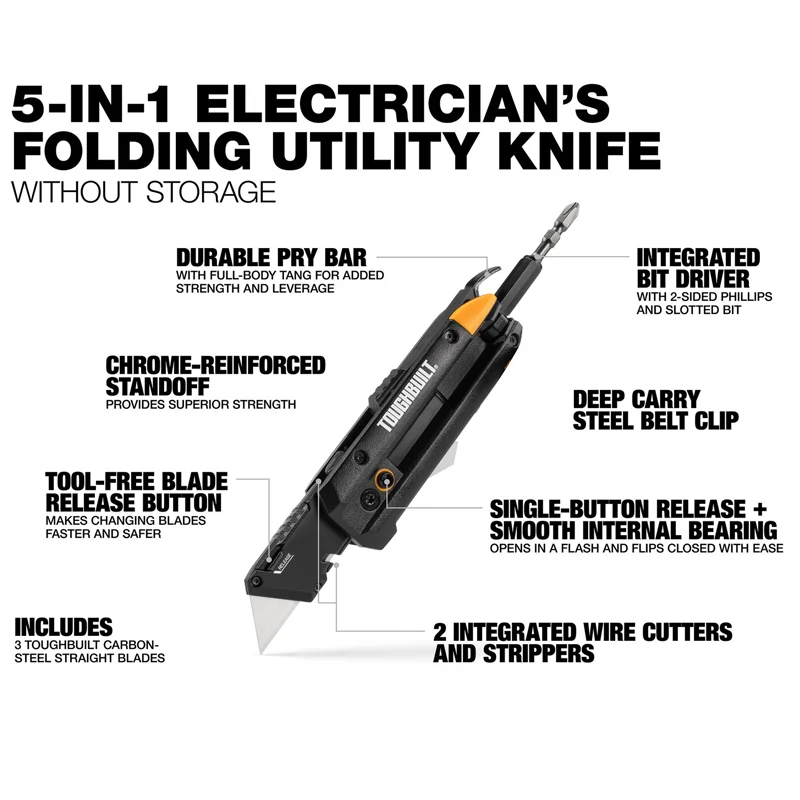 TOUGHBUILT TB-H4-12-IM 5-in-1 Electrician\'s 3/4-in 3-Blade Folding Utility Knife With Bit Driver Tool Knife