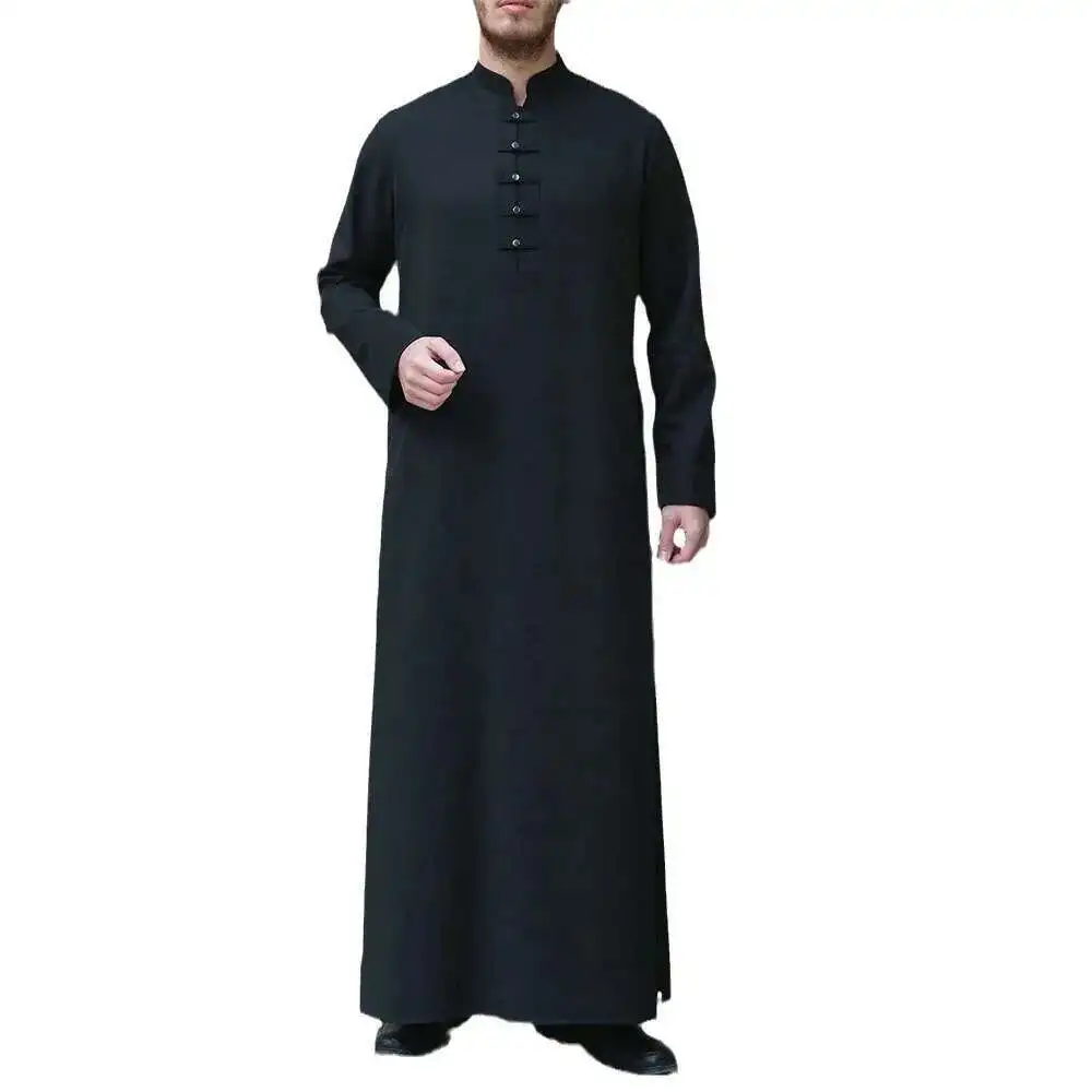 pocket New Arabic solid robe color button simple plus size men's Muslim robe
