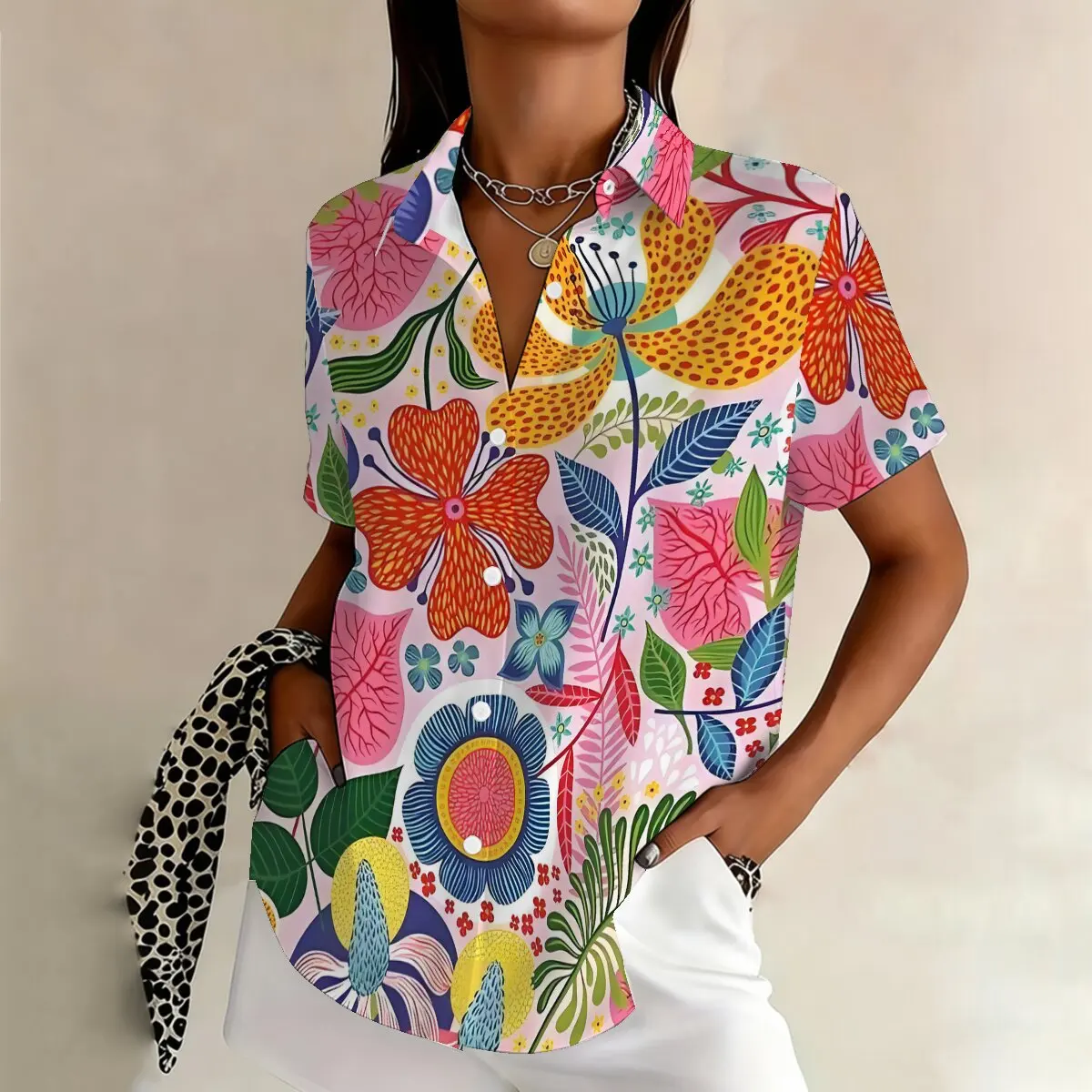 

Resort Style Plus Size Short-Sleeve Shirt with Floral Print, Loose Fit, Casual, Concealing Tummy and Figure