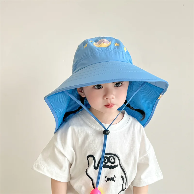 Summer Baby Sun Hat with Neck Flap UV Protection Strap Wide Brim Beach Hats Kids Bucket Hat Cap for Boys Girls Outdoor