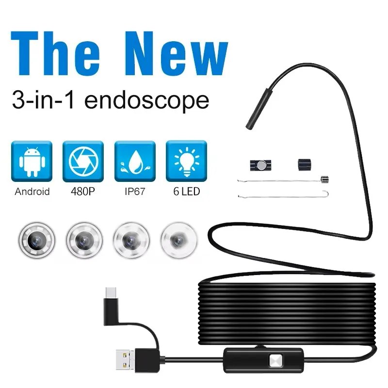 5.5mm / 7mm Industrial Endoscope Camera Ip67 Waterproof  3 In1 USB Borescope Inspection Snake Camera For Android Phone PC