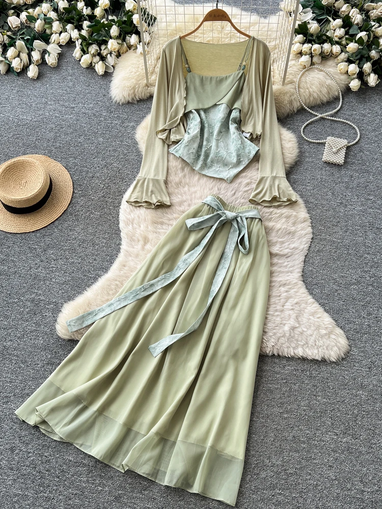 

Mint Green Two-Piece Women's Autumnal Open Cardigan And Halter Dress Slimming Set with Sash Fashionable Commute Style Casual ...