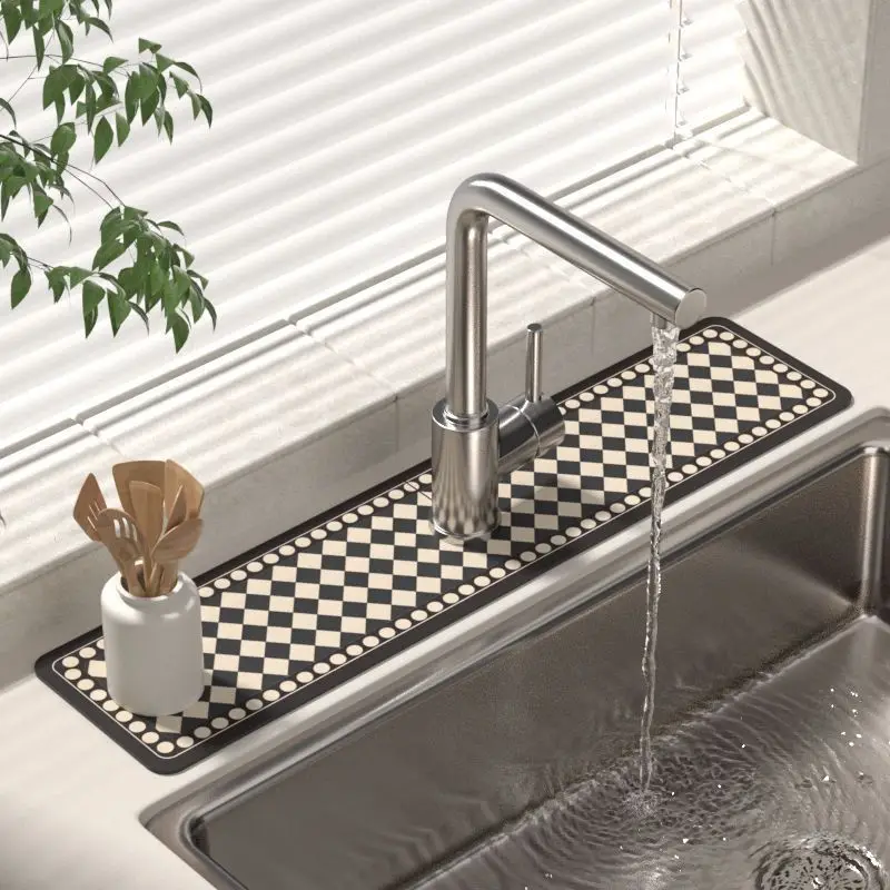 VIKAMA Vintage Moroccan Tile Faucet Mat Sink Absorbent Splash Pad Retro Boho Counter Drain Mat Quick Dry Non Slip Vanity Decor