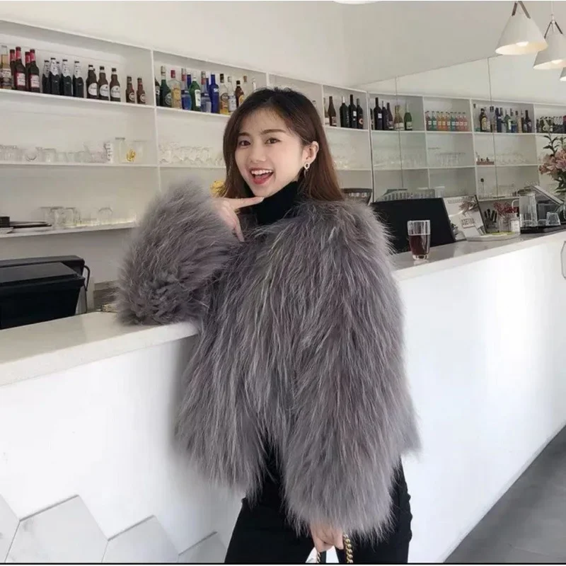 ภาษาฝรั่งเศสคําElegant SocialiteหนาWarm Plushแจ็คเก็ตฤดูหนาวสบายๆพร็อพVคอแขนยาวหลวมFaux Fur Coatผู้หญิง