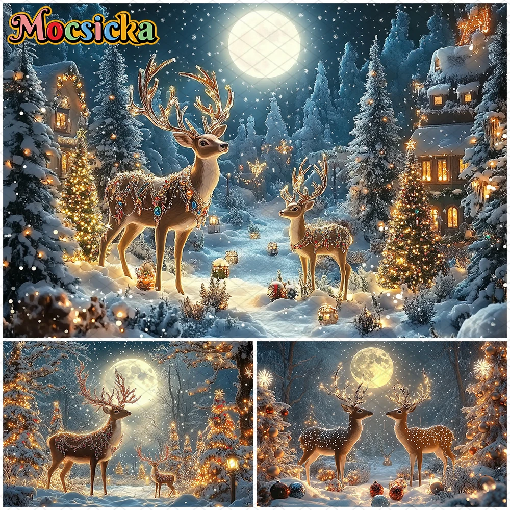 

Mocsicka Christmas Deer Photography Background Forest Lamp Snow Moon Xmas Tree Party Decoration Children Kid Baby Photo Backdrop