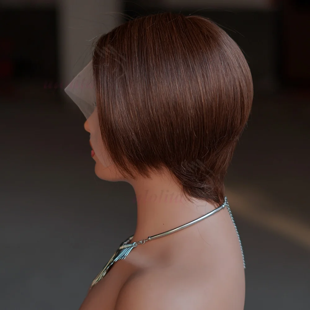 # 4 Braune Gerade Pixie-Cut-Perücke 13x4 Transparente Lace-Frontal Echthaar-Perücken Kurze Bob-Perücke Brasilianische Seitenpart-Perücken für Frauen – Detail 6