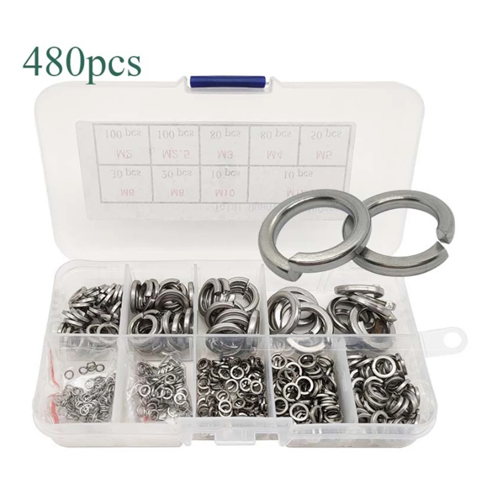480 Pcs Open Spring Piece 304 Stainless Steel M2-M12 Spring Washer Combination Opening Spring Piece Fasteners Hardware