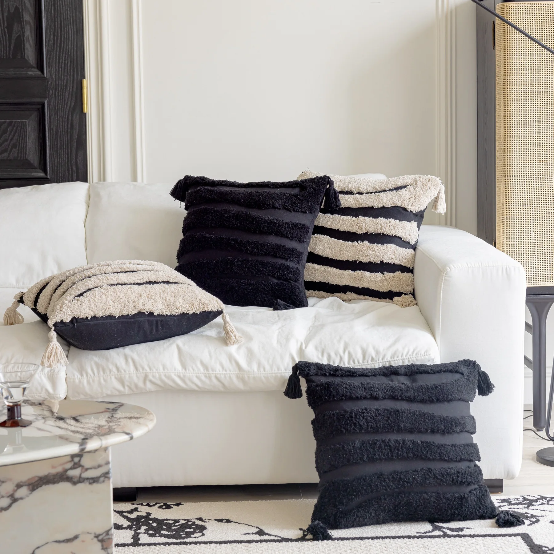 45X45 Boho Geometric Stripes Tufted Cushion Cover Beige Black Tassel Patchwork Throw Pillow Covers Cojines Decorativos Para Sofá