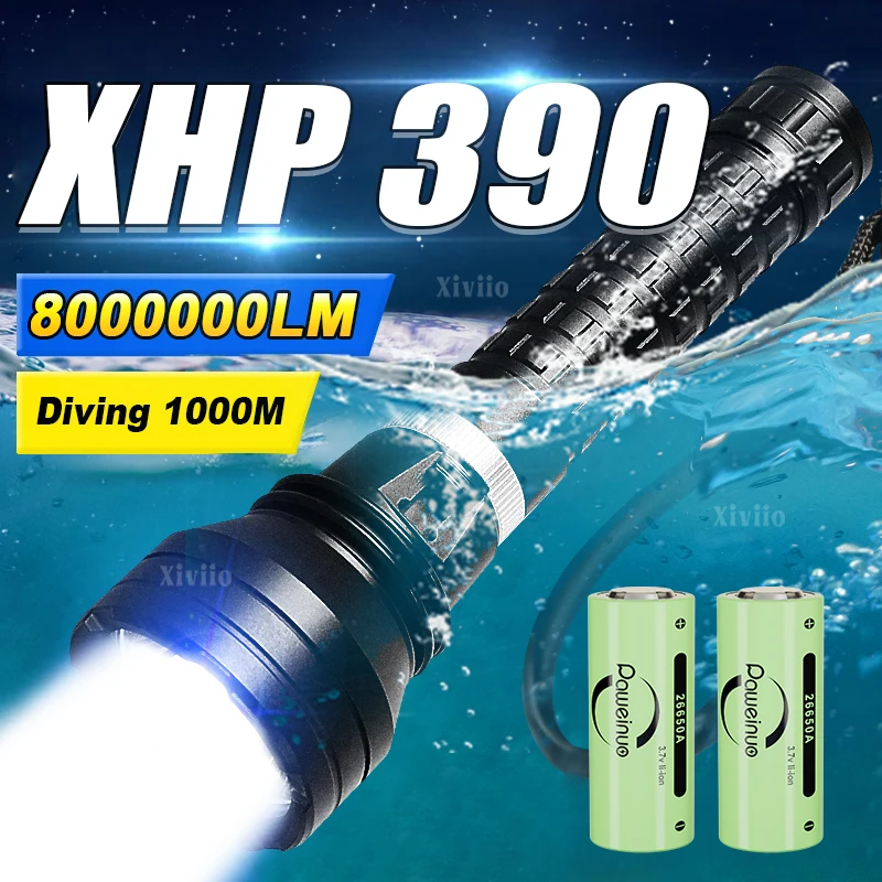 

XHP390 Diving Flashlight 26650 Rechargeable Fixed Focus Super Bright Underwater Lantern Diving 1000m Professional Diving Torch