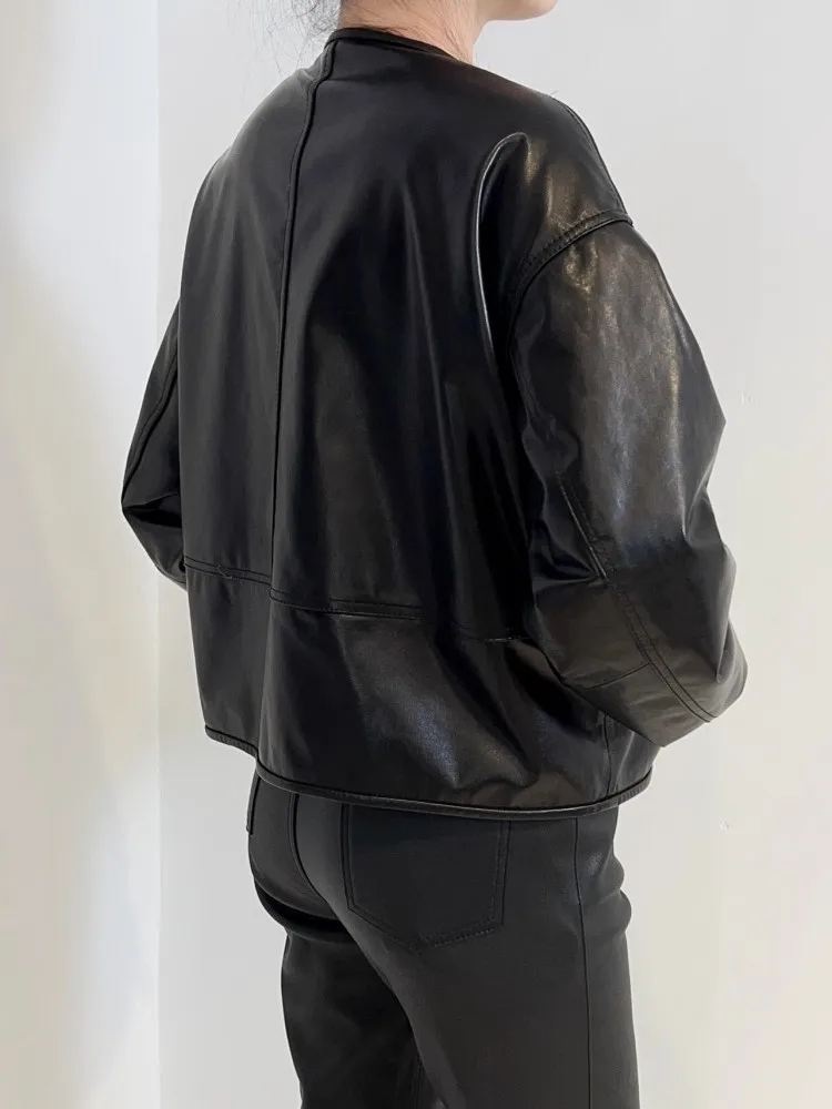 خريف جديد إمرأة س الرقبة جلد طبيعي مزدوج الوجهين يمكن ارتداؤها موضة جلد الغنم الحقيقي سترات قصيرة فضفاضة تناسب القمم ملابس خارجية