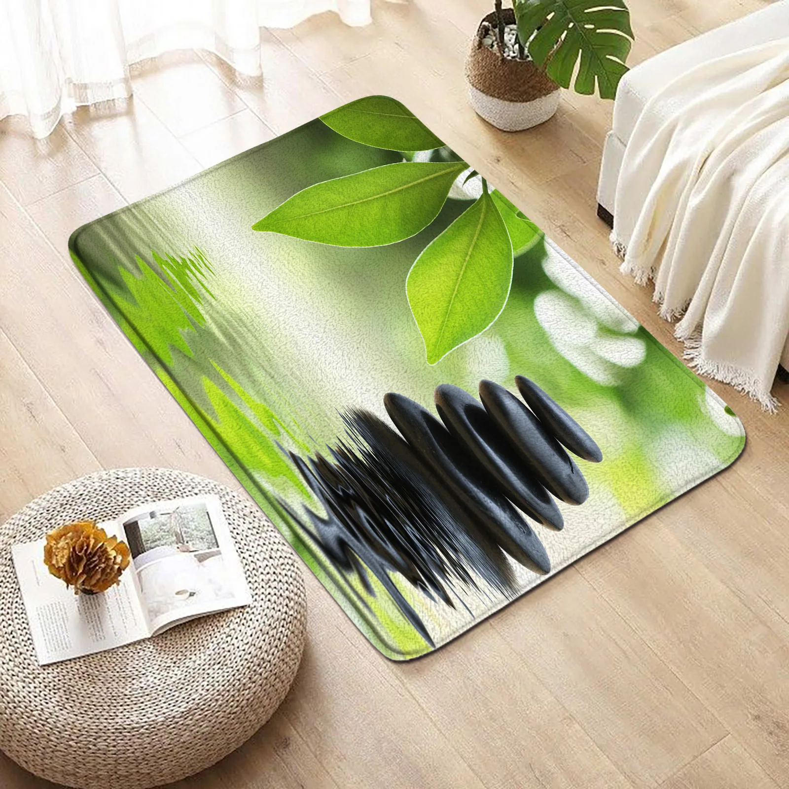 Zen Bath Mat Black Stone Water Orchids Flower Leaves Spa Bathroom Decoration Anti-slip Entrance Mat Floor Rug Carpet Home Decor