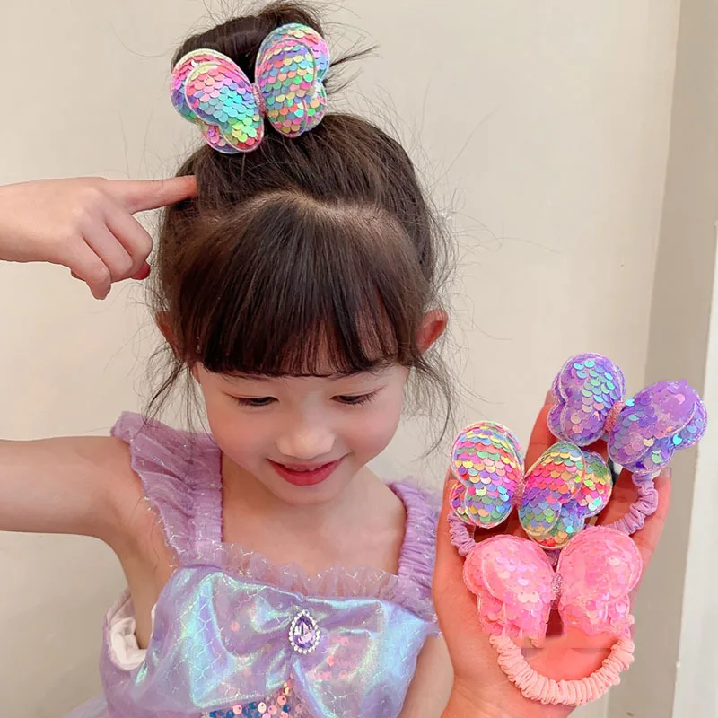 1PC New Sequin Butterfly Girls Kid Ponytail Elastic Hair Bands Children Lovable Hair Tie Princess Hair Accessories Baby Headwear