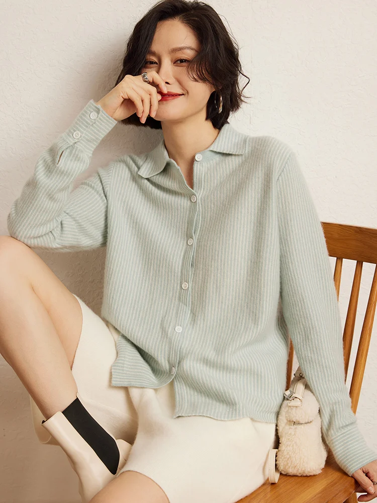 Nowy Elegancki Damski Sweter Kaszmirowy 100% Pionowe Paski Kołnierzyk Koszulowy Kaszmirowe Guziki Kardigan Biurowy Jesienno-Zimowy Wygodny Top