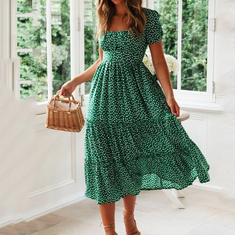 

Vestidos Vintage Vintage Print Puff Sleeve summer Beach sweet dresses Casual Square collar floral maxi long dress 2024 festa