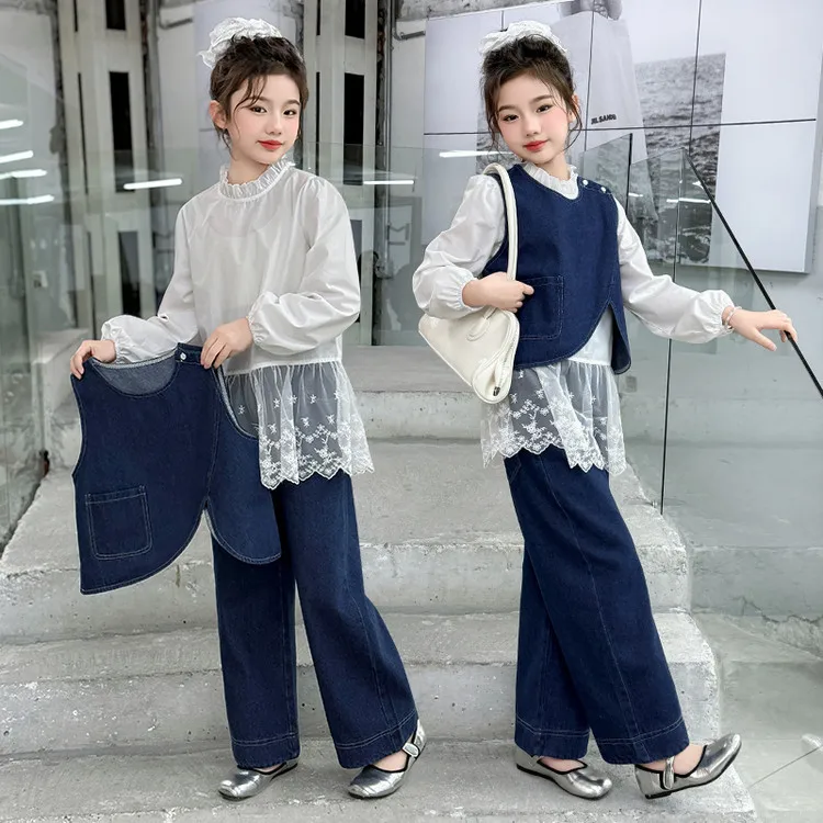 

teen girl cowboy clothes suit Irregular denim vest+Lace shirt+Wide leg jeans 3pcs junior kid set child outfits ensemble fille 14