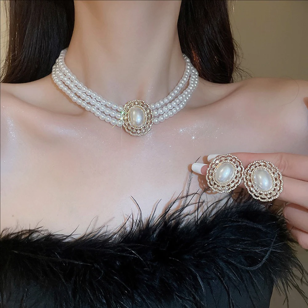 

French Artificial Pearl Multi-layer Crystal-encrusted Studs Necklace Set Light Luxury Collarbone Chain Retro Court Jewelry