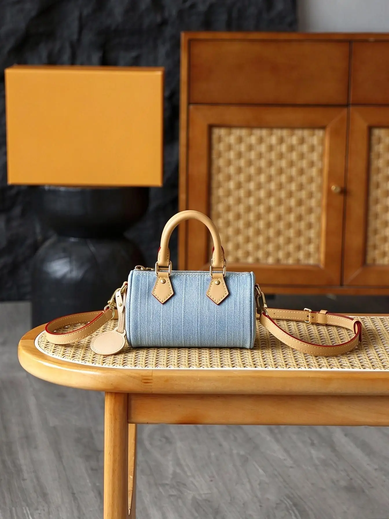 Elegant Women Mini Cylindrical Denim Crossbody Bag Contrast Leather Trim Top Handle Detachable Strap Daily Casual Small Handbag