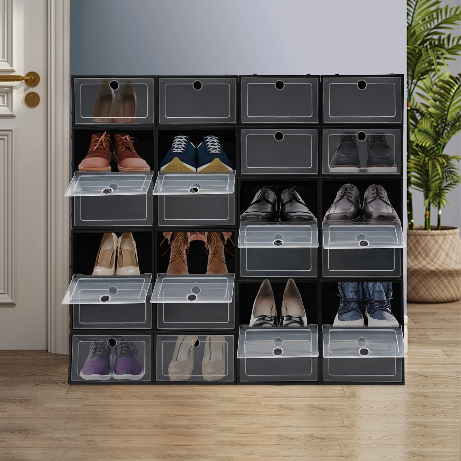 

24Pcs Shoe Storage Boxes, Stackable Shoe Boxes, Shoe Organizer, Plastic Shoe Box Shoe Cabinet, for Small Space Storage (Black)